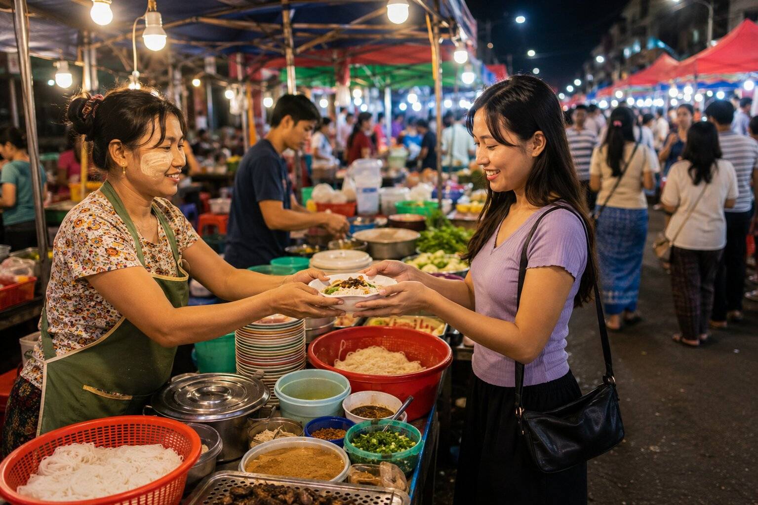 A bustling street food market in Myanmar