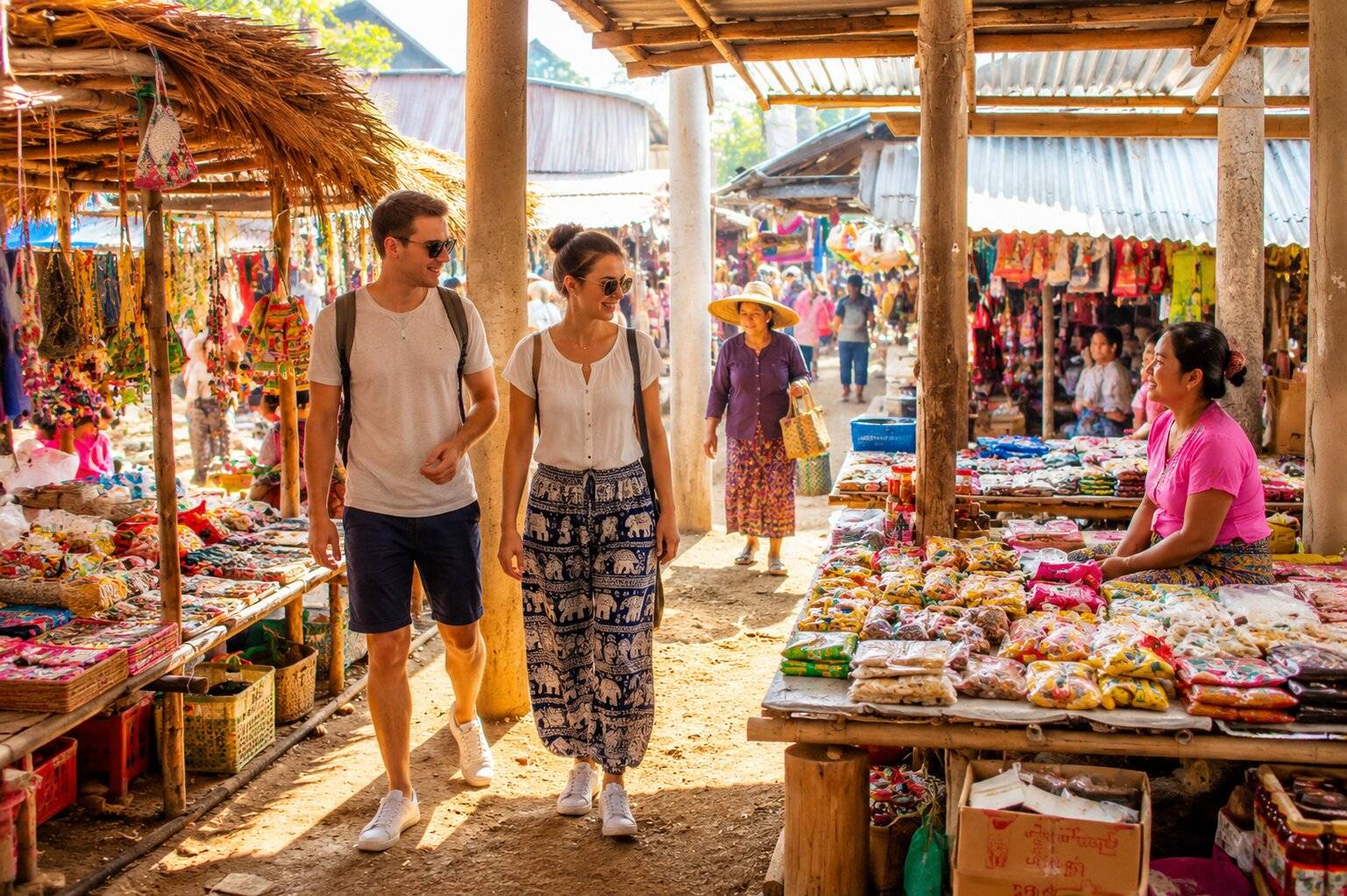 A couple exploring the local market in Myanmar