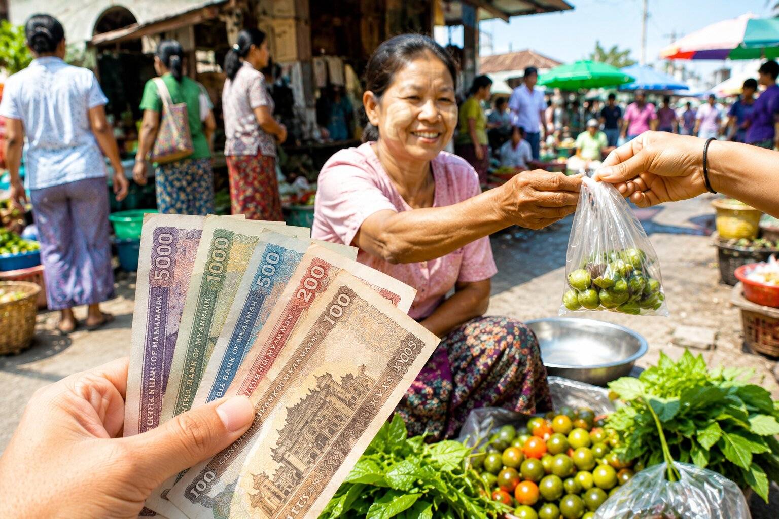 A hand holding Myanmar Kyat in Myanmar local market