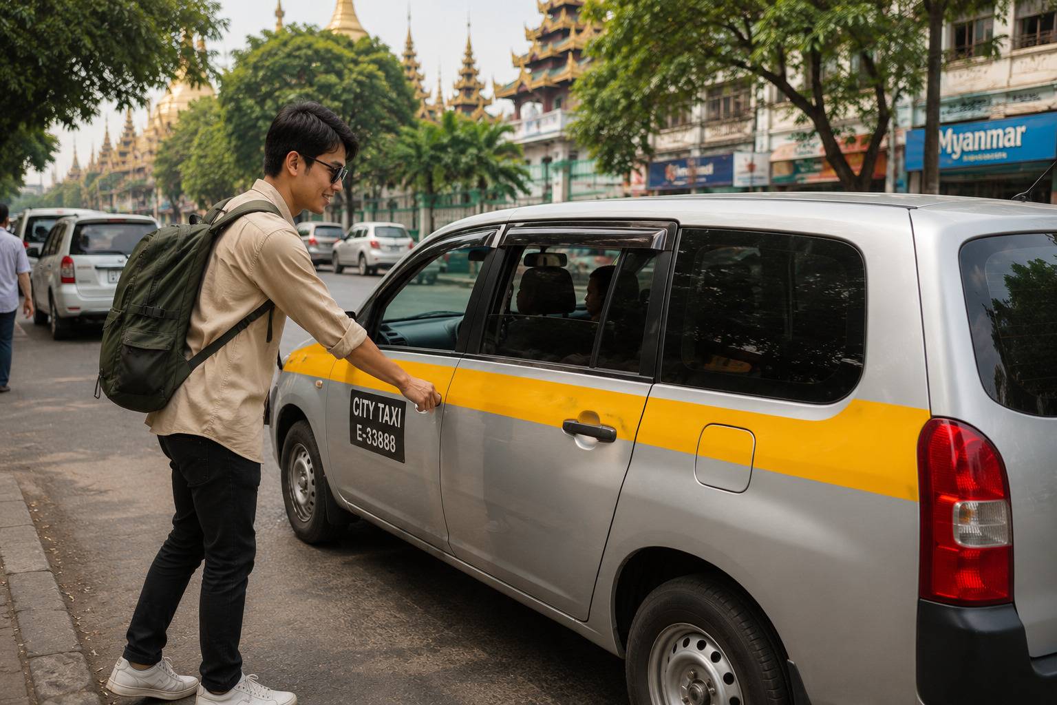 A Man Using A Taxi In Myanmar