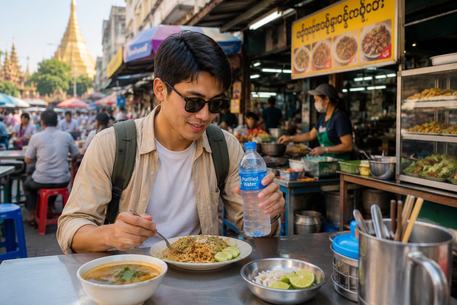 A Tourist Drinking Bottled Watter In Myanmar Street