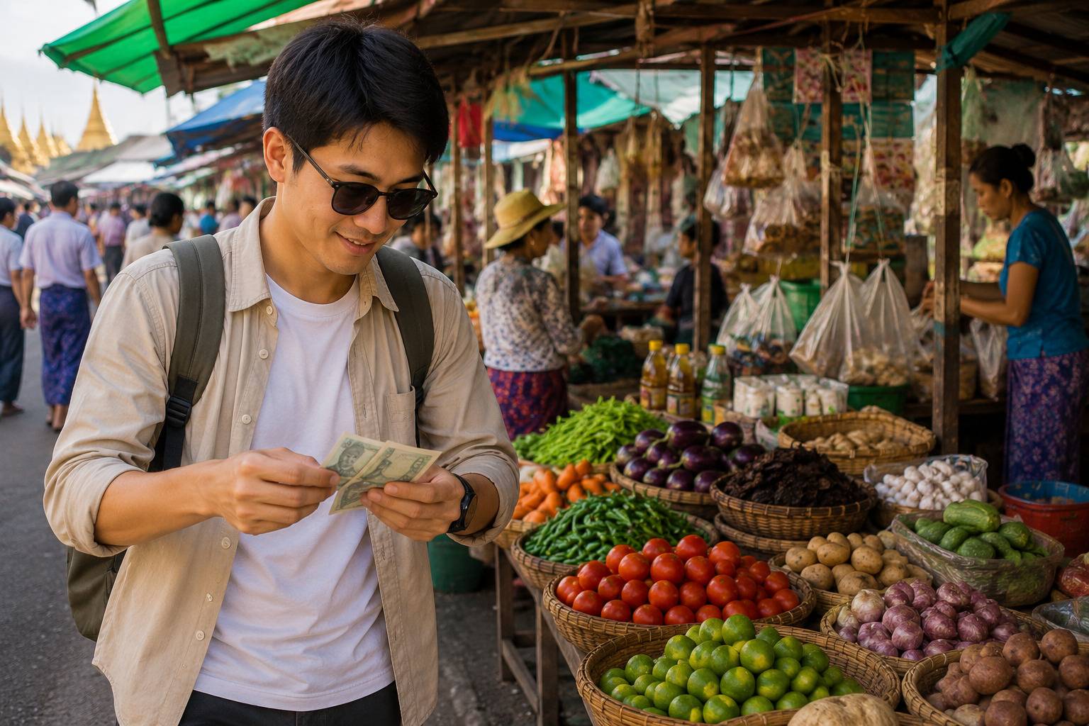 A Tourist Holding Myanmar Kyat In Myanmar Market