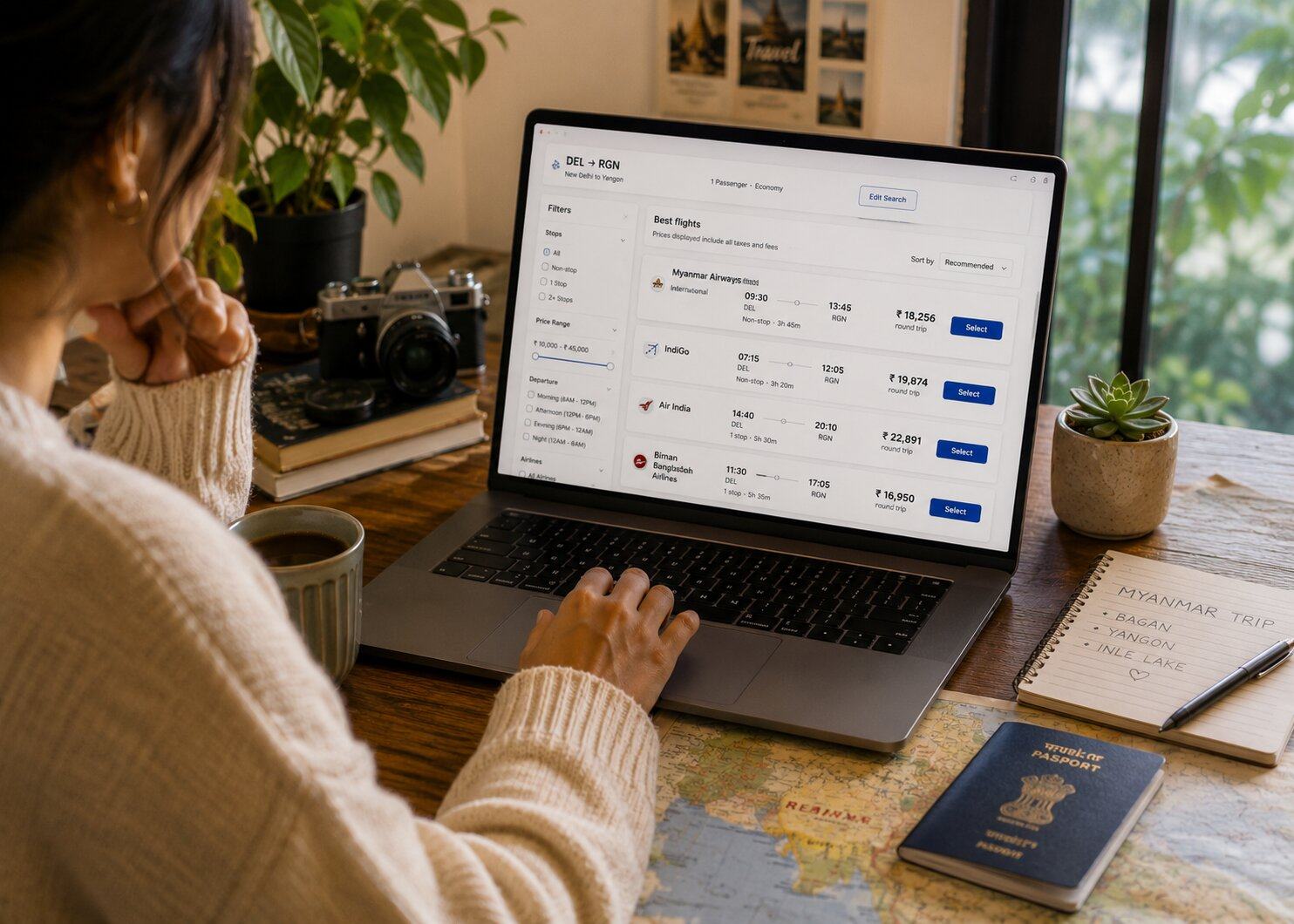 A woman booking a flight to Myanmar in advance