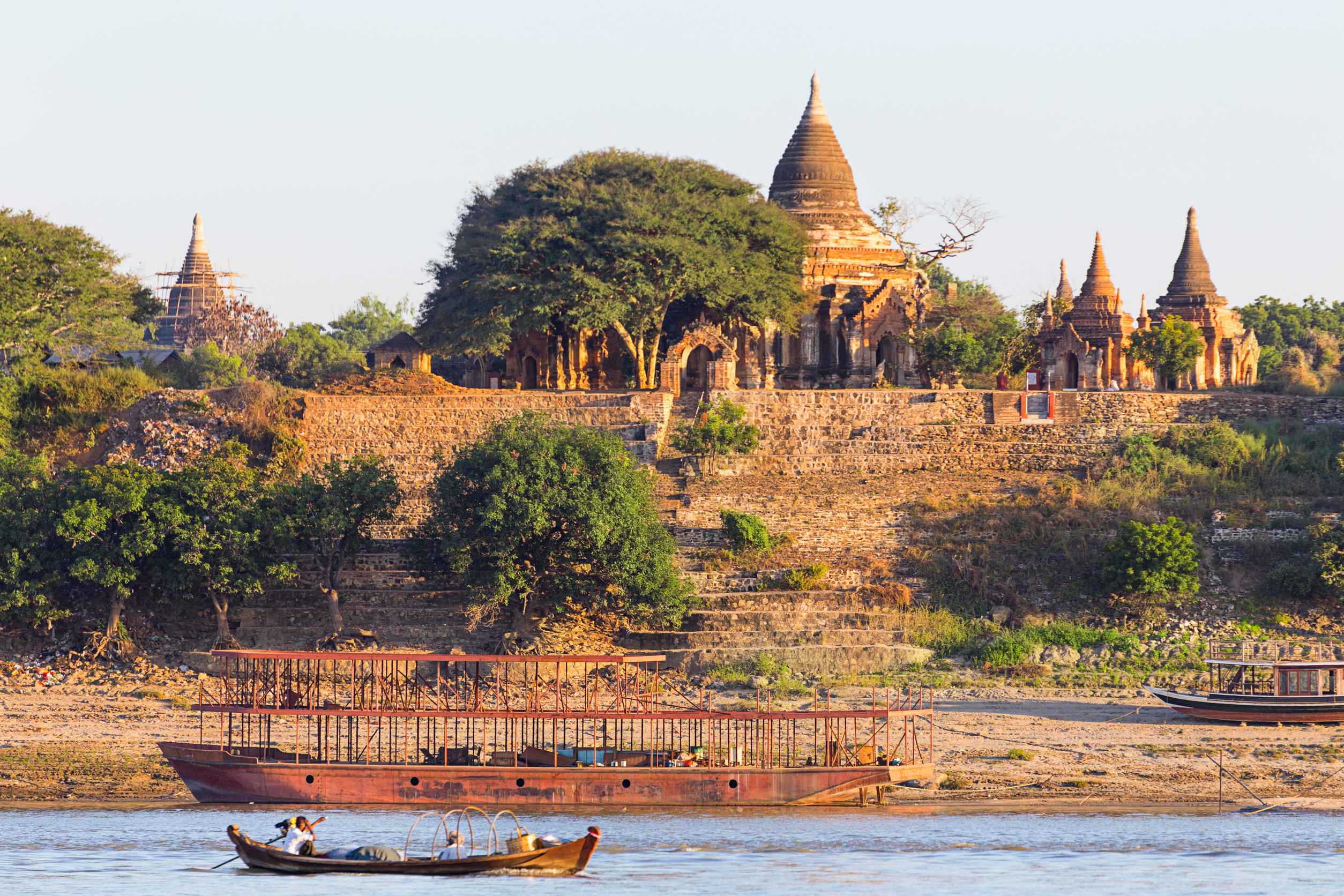 Boats And Pagoda In Bagan Myanmar