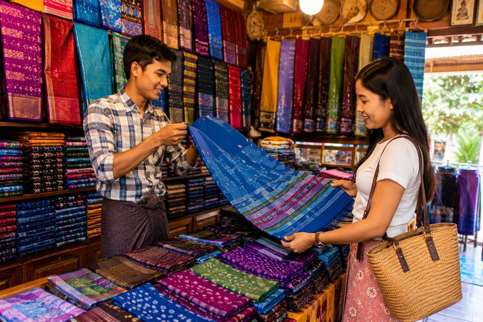 Customer Buying A Traditional Myanmar Longyi