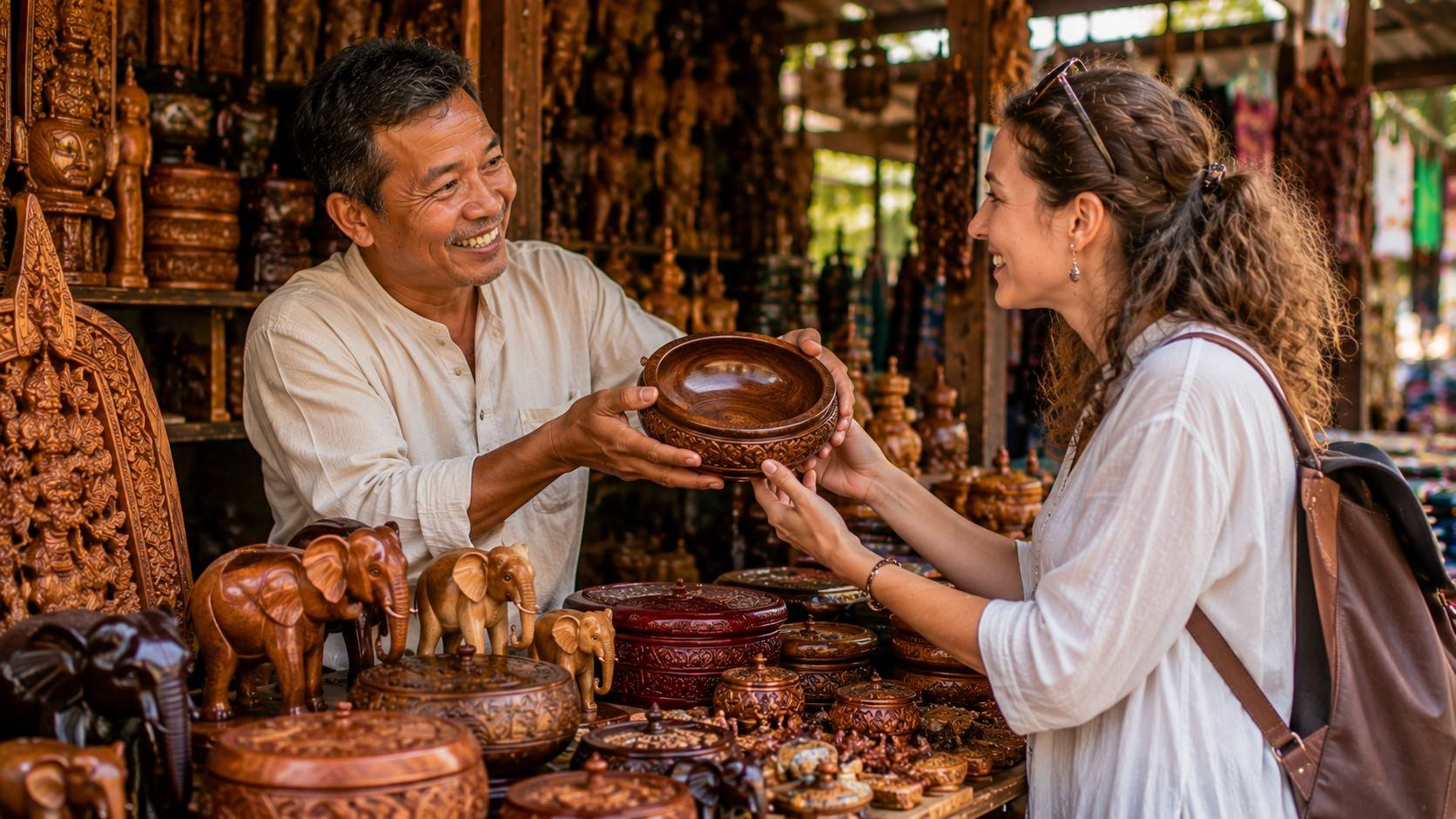Customer Buying Handcrafted Wooden Souvenirs In Myanmar