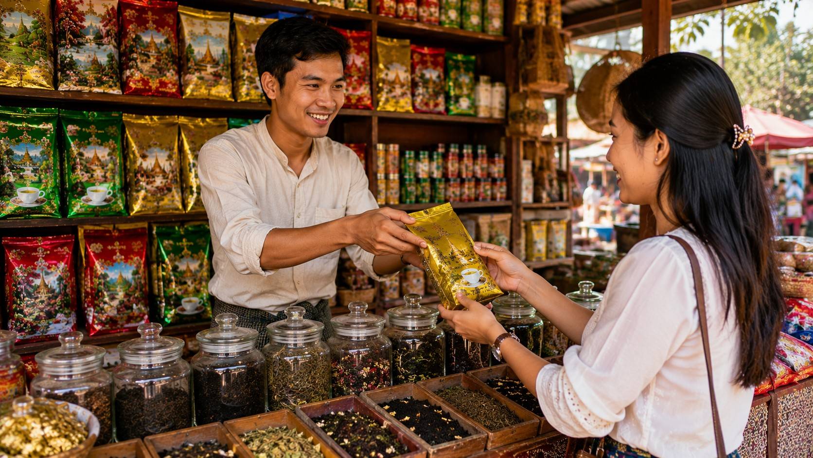 Customer Buying Traditional Burmese Tea At Market