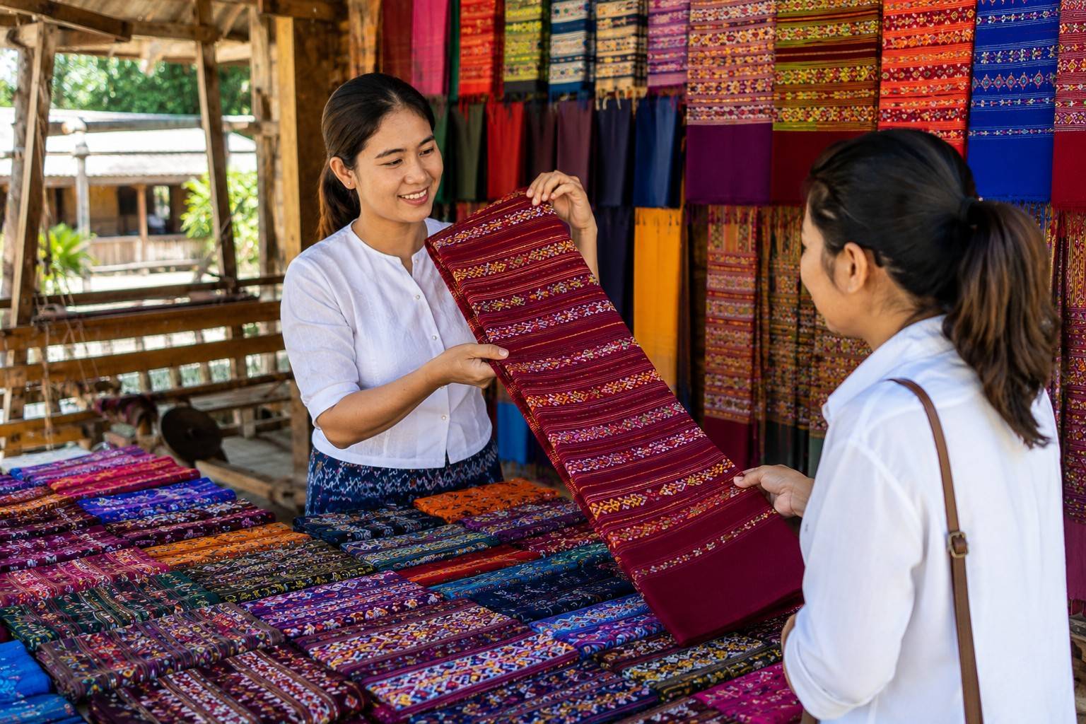 Handwoven Textiles Displayed In Myanmar Market