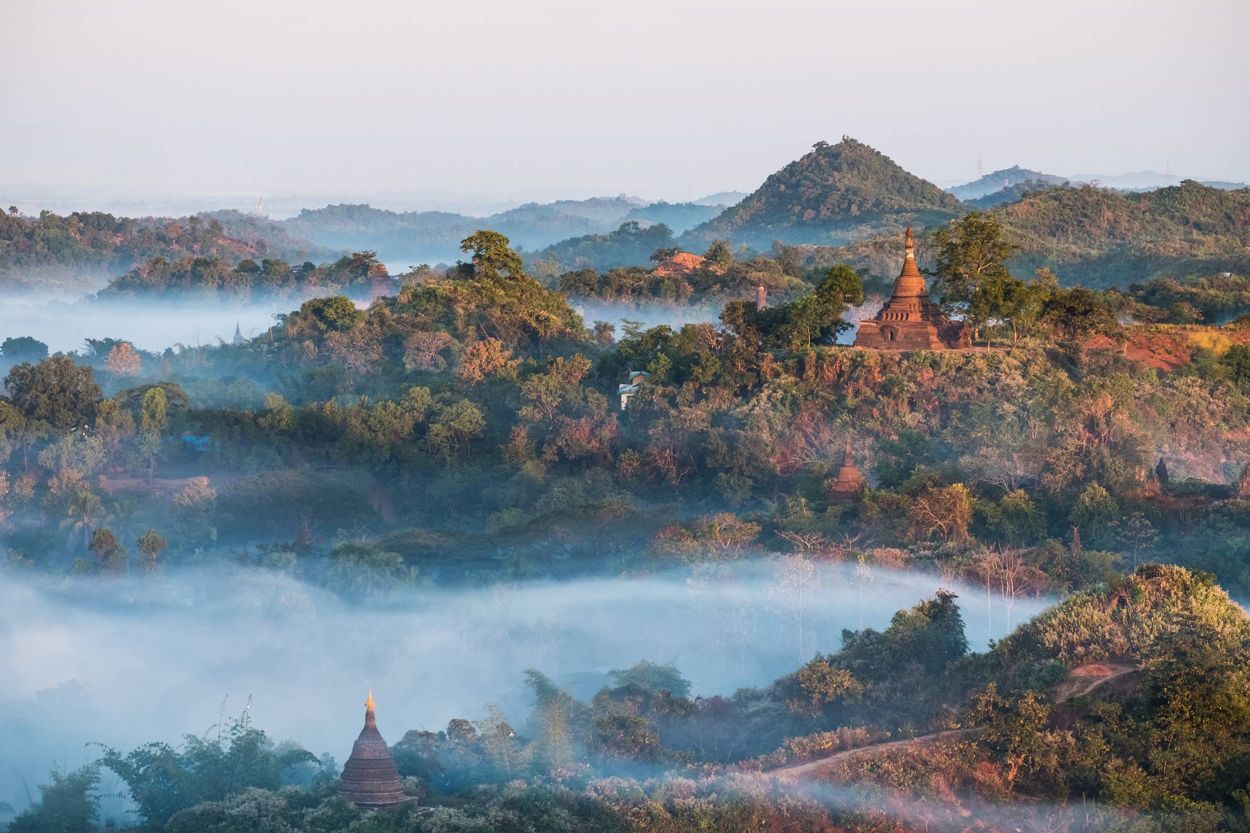 Morning Mist Over Pagoda In Mrauk U Myanmar