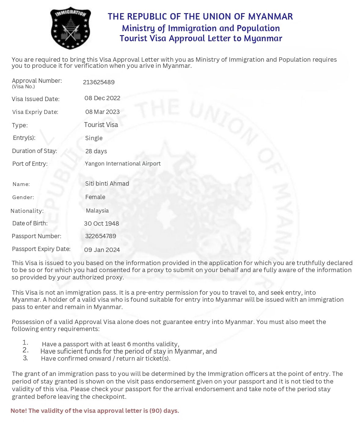 Myanmar Tourist Visa Sample