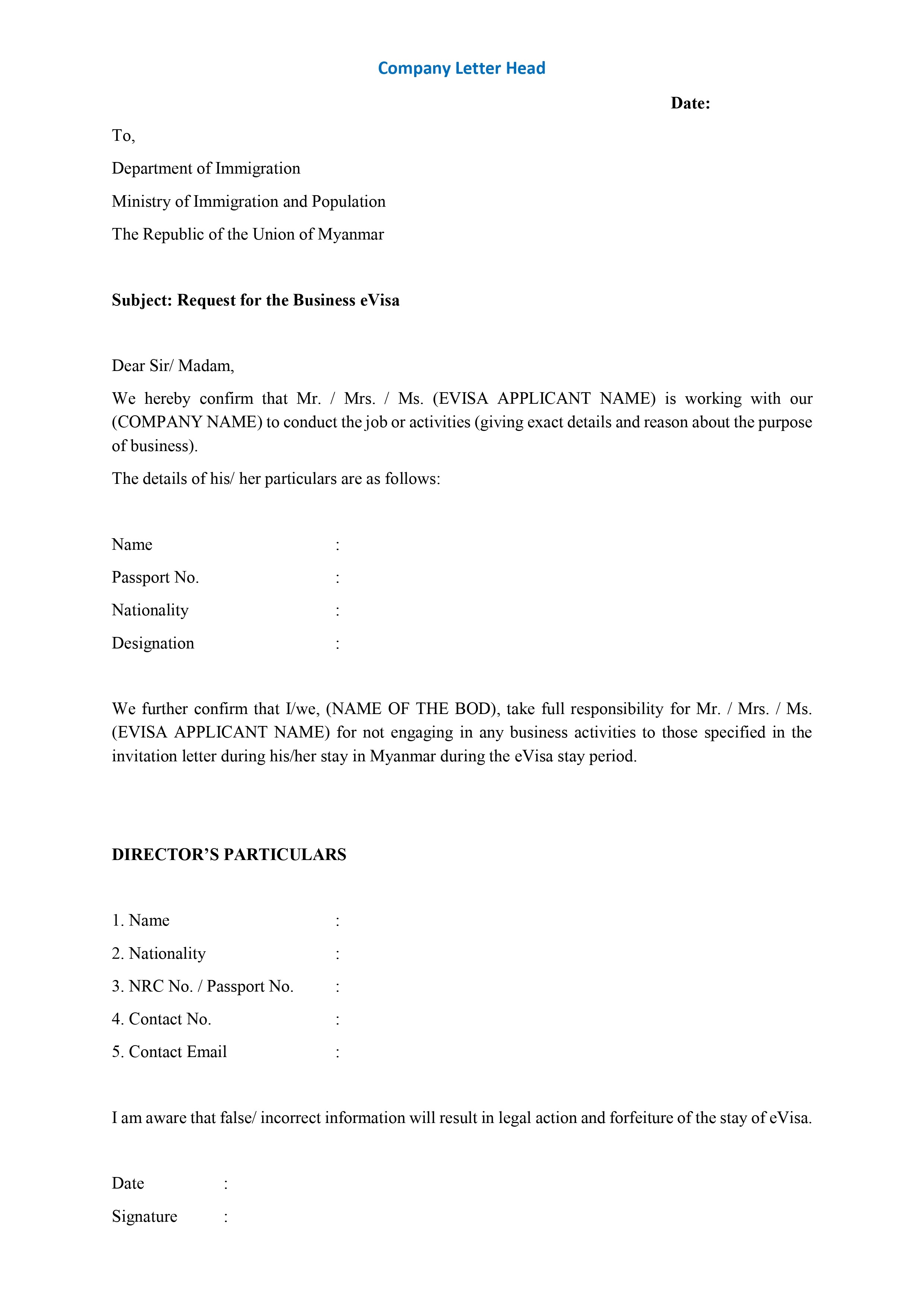 Sample of Business eVisa Requisition Letter