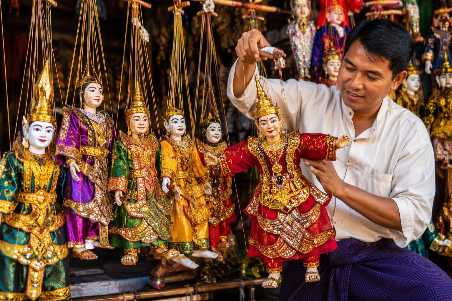 Traditional Myanmar Marionette Puppets On Display