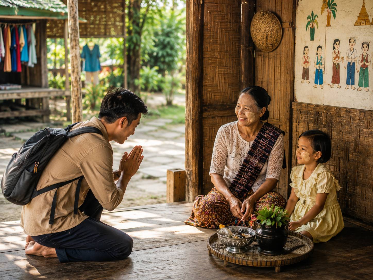 Traveller Greeting Locals In Myanmar