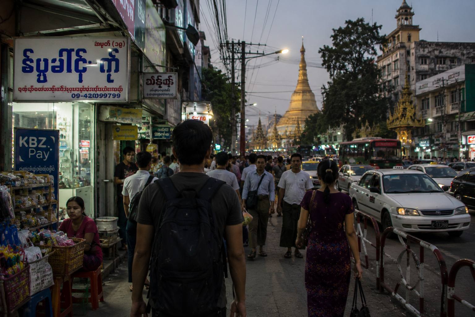 Traveller In Busy Street Facing Sule Pagoda