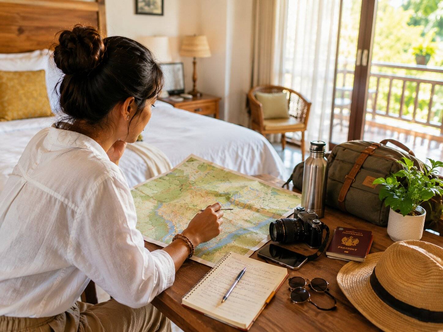 Traveller planning a flexible itinerary in a hotel room