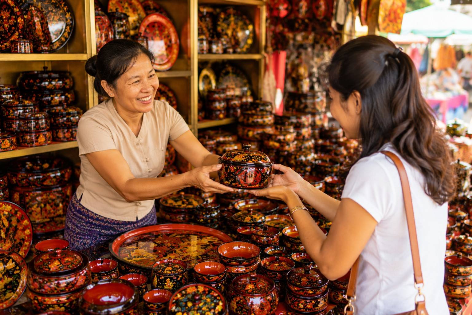Woman Purchasing Handmade Lacquerware In Myanmar