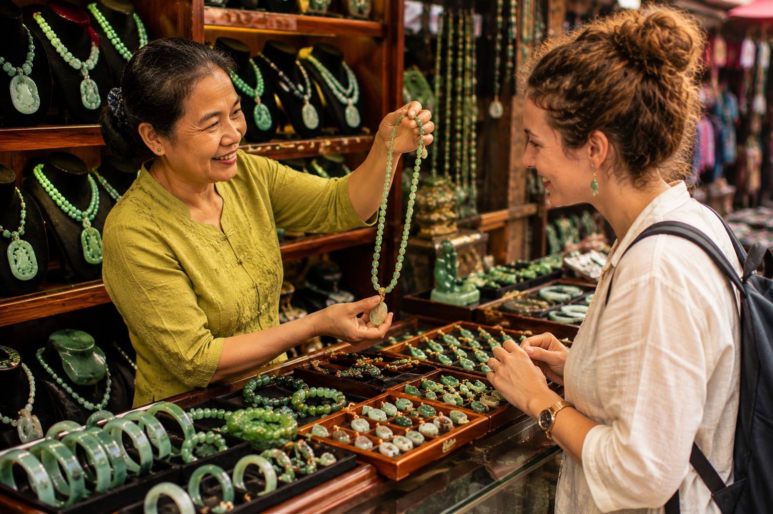 Woman Purchasing Jade Jewellery In Myanmar
