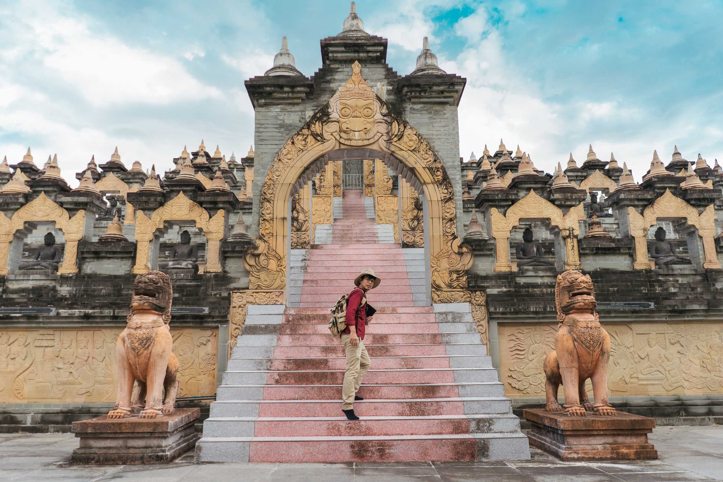 Young Man Traveler Backpack Trip Travel In Southeast Asia Buddhism Temple Attractions Culture