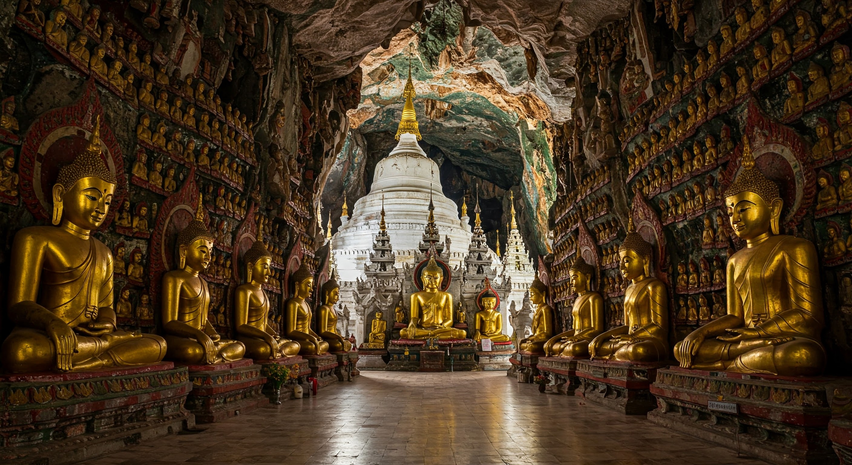 Buddhas and stupa in Pindaya caves