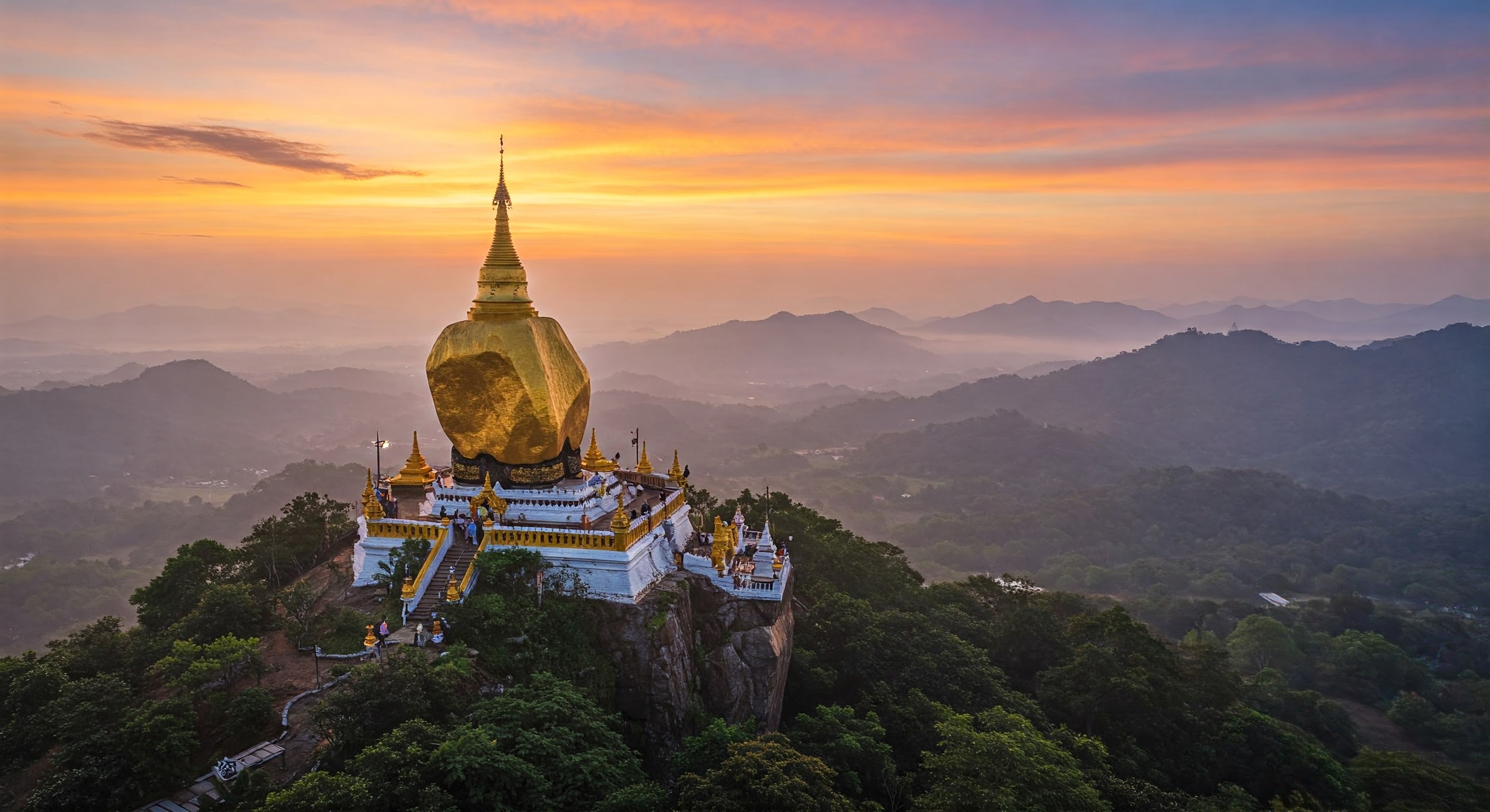 During sunset over pagoda in Mrauk-u, Myanmar