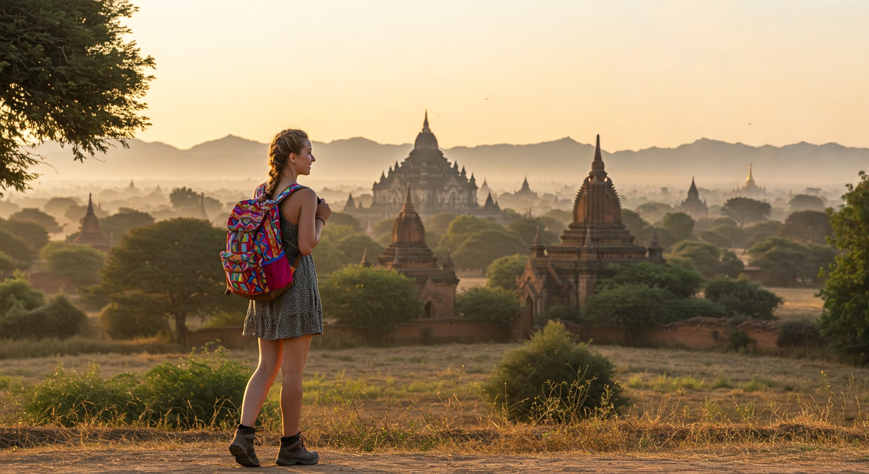 Hipster woman traveler with backpack enjoying views of Buddhist stupas in the ancient Bagan. Myanmar. Traveling along Asia, active and adventure lifestyle concept.