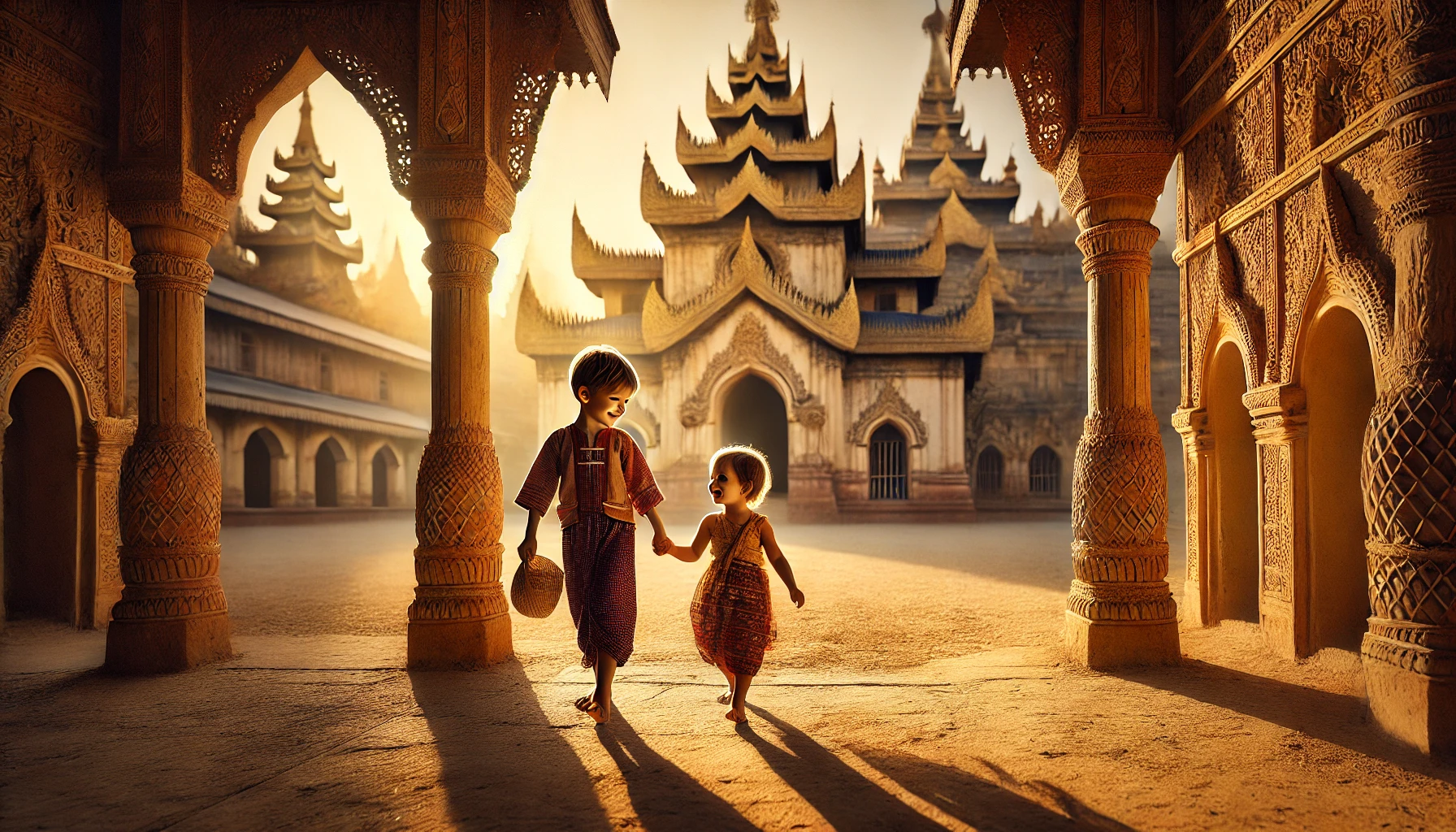 Kids brother and sister visiting ancient Maha Aung Mye Bonzan Monastery one of the most beautiful landmarks of Royal City of Inwa in Myanmar