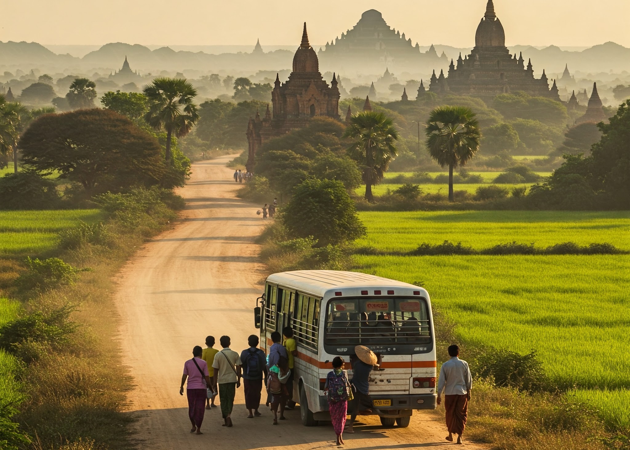 People with the local bus on rural road in Bagan, Myanmar. Bagan is an ancient city in central Myanmar (formerly Burma), southwest of Mandalay