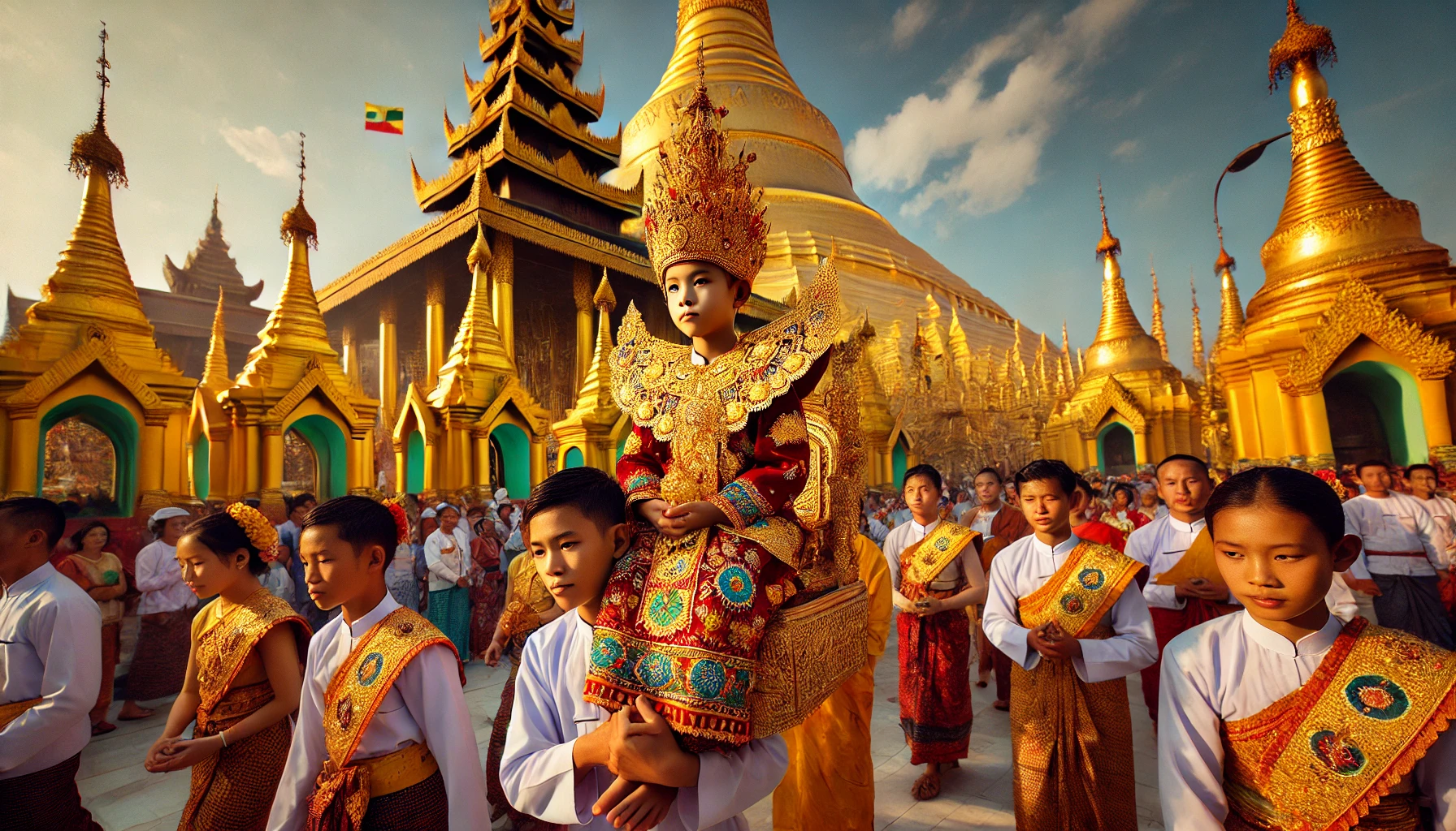 Shinbyu Ceremony at Shwedagon Pagoda in Yangon, Myanmar. The Shinbyu or Novitiation ceremony is a unique feature of Myanmar