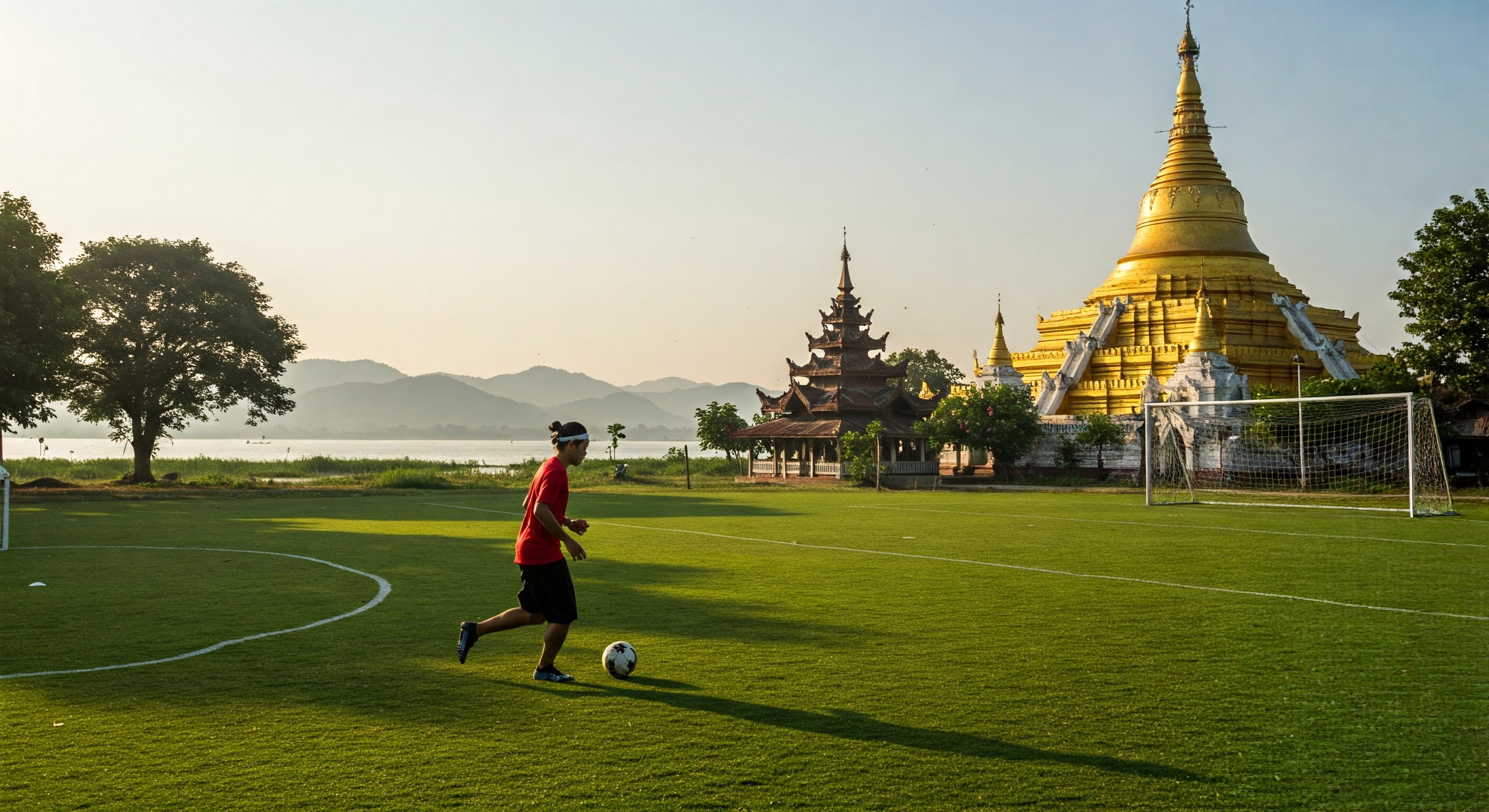 soccer player in soccer field in front of the Yadana Man Aung Pagoda in the town of Nyaungshwe at the Inle Lake in the Shan State in the east of Myanmar in Southeastasia.
