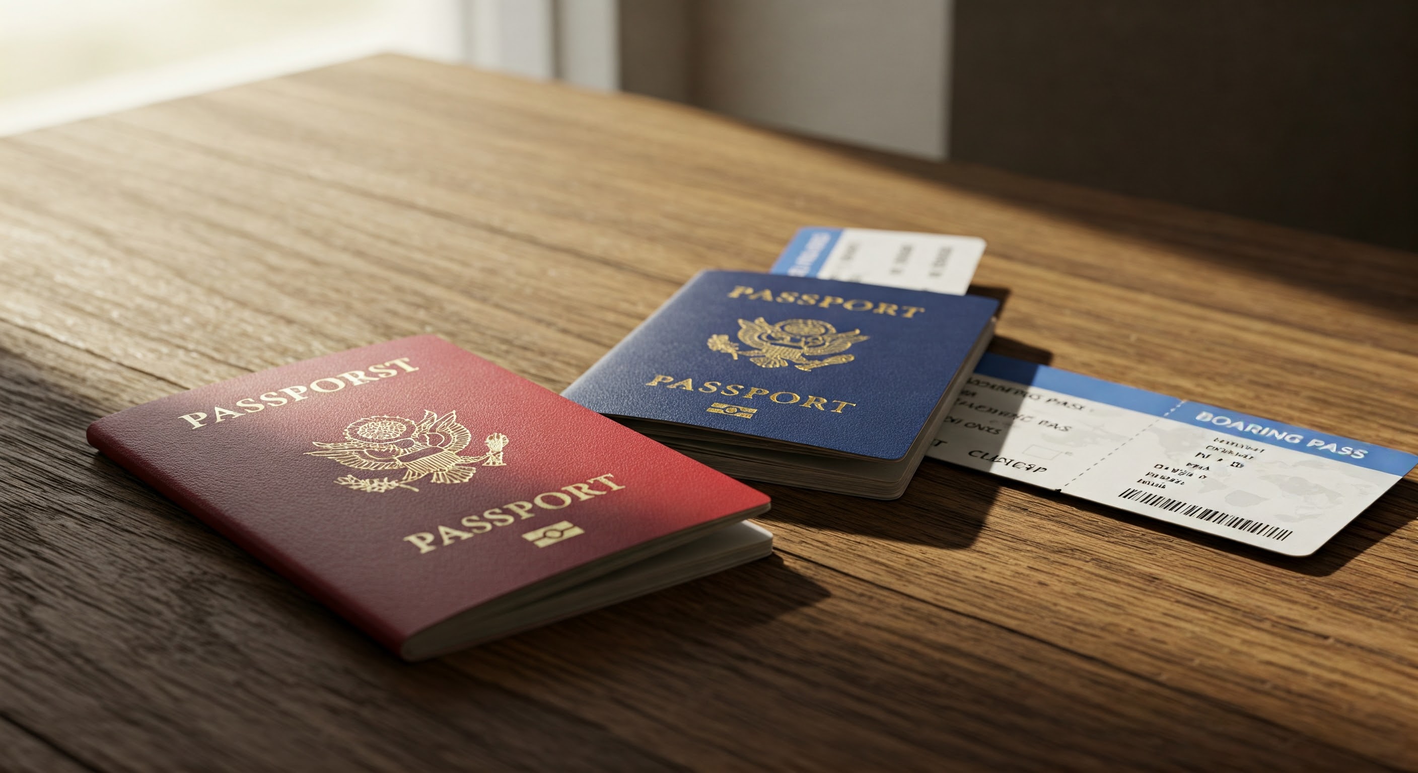 Two travelers passports red and blue with boarding passes for the plane. Travel concept