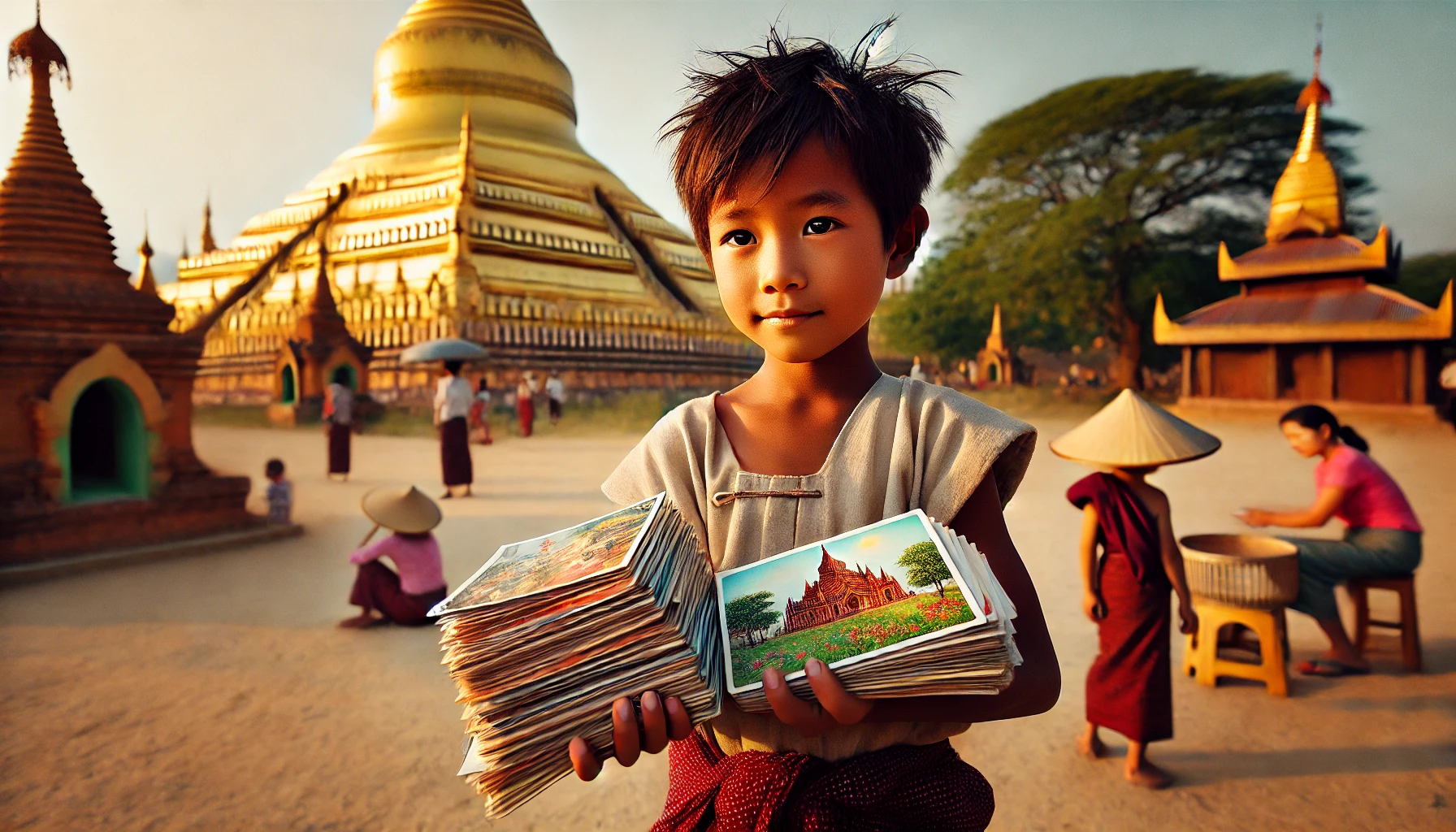 An unidentified boy selling heis postcards at Lawkananda Pagoda in Bagan,Myanmar.